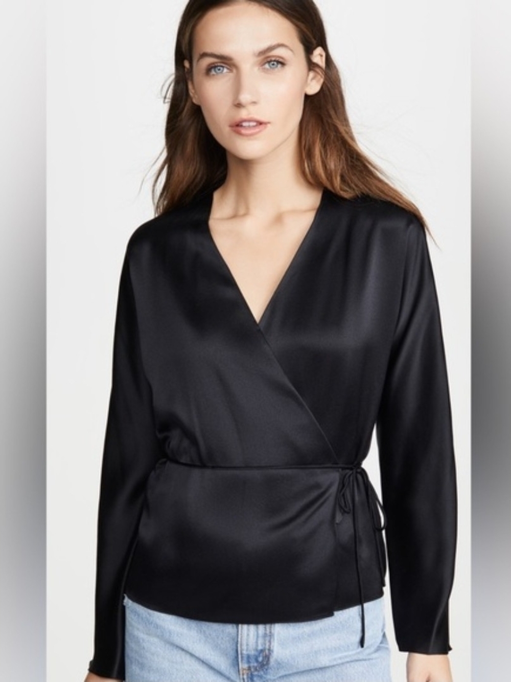 Vince Women’s Black Silk Satin Wrap V-Neck Tie Waist Blouse Long Sleeve M
